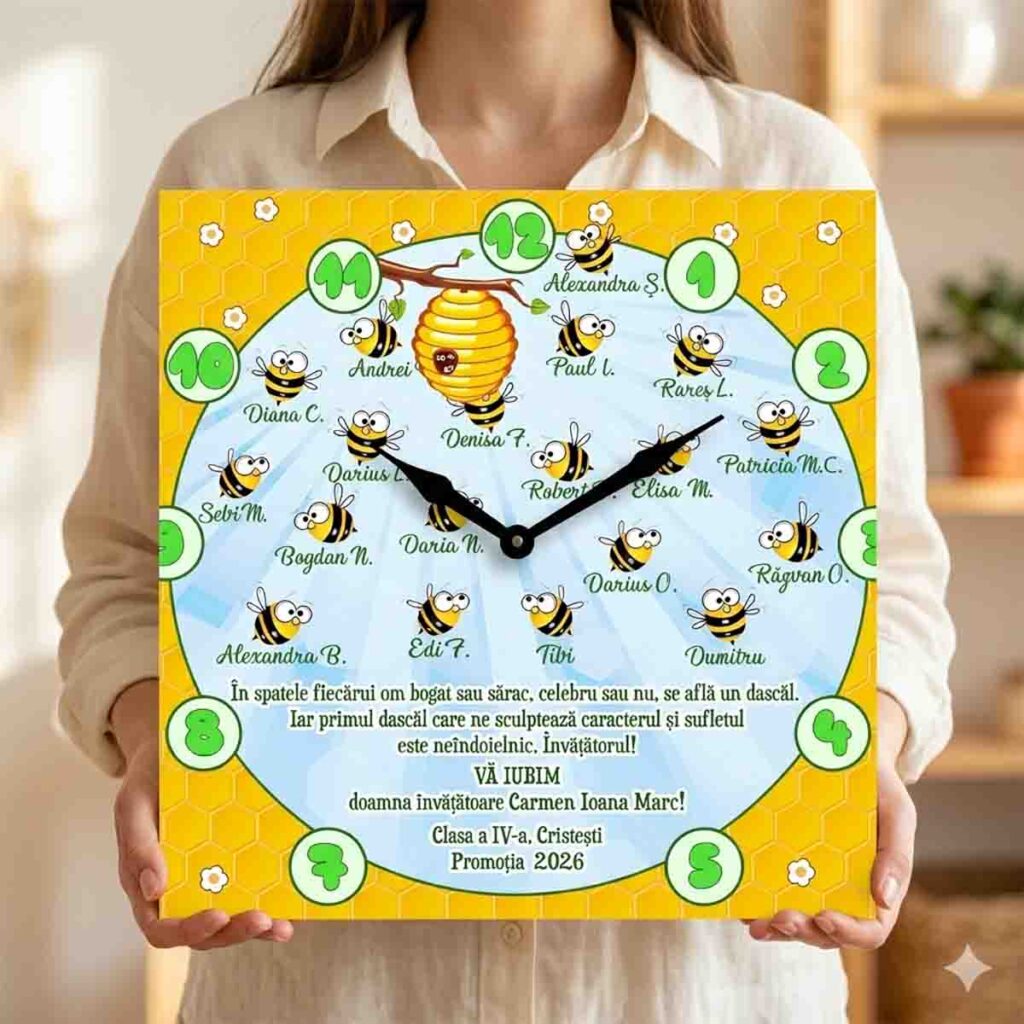 Ceas personalizat educatoare cu albinuțe și numele copiilor, cadou din MDF pentru învățătoare sau educatoare