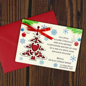 Felicitare din lemn personalizata pentru Craciun cu ornament brad