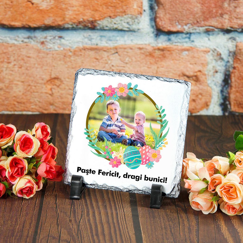 placa ardezie personalizata cu poza Paste Fericit ornamente pascale