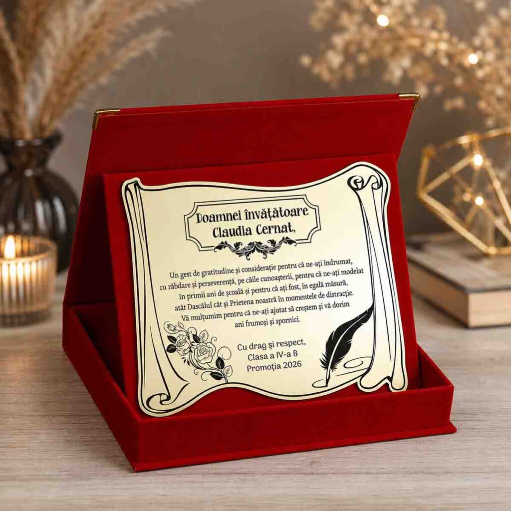 Cadou pentru doamna invatatoare in cutie rosie eleganta cu placa personalizata mesaj multumire elevi
