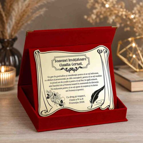 Cadou pentru doamna invatatoare in cutie rosie eleganta cu placa personalizata mesaj multumire elevi