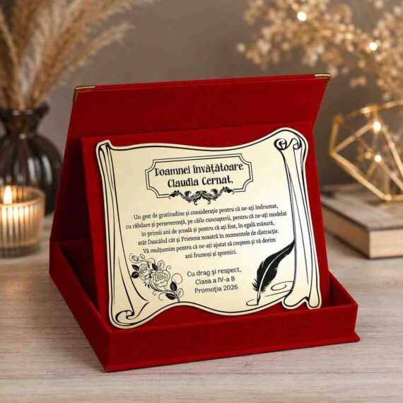 Cadou pentru doamna invatatoare in cutie rosie eleganta cu placa personalizata mesaj multumire elevi