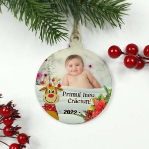 Glob lemn personalizat cu poza - Primul meu Craciun