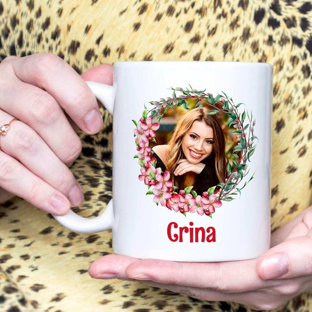 cana cu poza si mesaj cadou personalizat pentru florii
