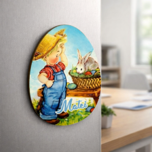 Magnet ou de Paște personalizat din lemn cu numele Matei, decor pentru frigider cu magnet pe spate, înălțime 10 cm, dedaruit