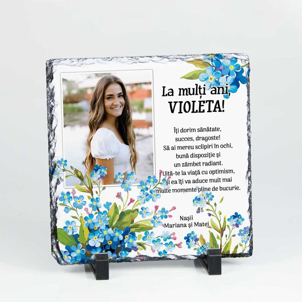 piatra personalizata patrata la multi ani violeta