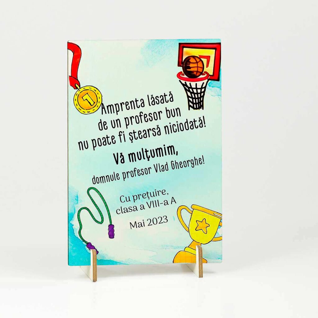felicitare lemn cadou personalizat profesor sport