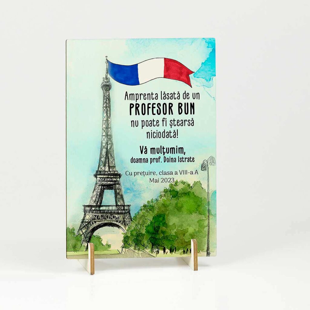 placheta trofeu lemn cadou profesor franceza