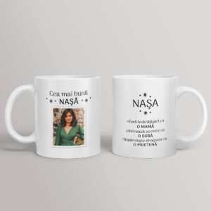 Cana alba personalizata cu poza - Cea mai buna naşă