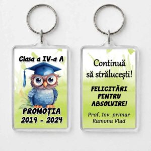 Breloc personalizat absolventi cu bufniță, cadou absolvire clasa a IV-a, design colorat Dedaruit