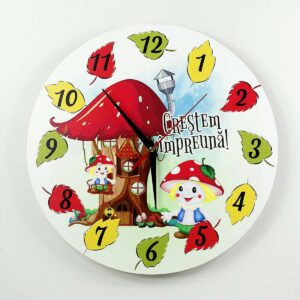 Ceas lemn personalizat cu mascota clasei - Ciupercute