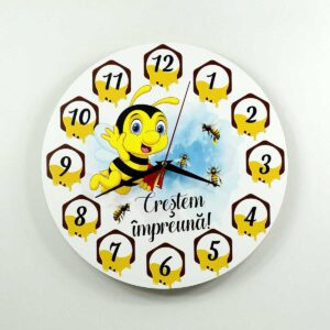 Ceas lemn personalizat cu mascota clasei - Albinute