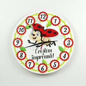 Ceas lemn personalizat cu mascota clasei - Buburuze