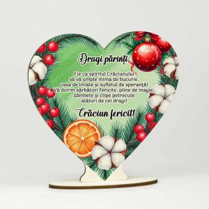 inima lemn Crăciun pentru părinţi, decorata cu crenguţe de brad, feliide portocale, flori rosii, globuri. Inima se personalizează cu mesajul dorit.