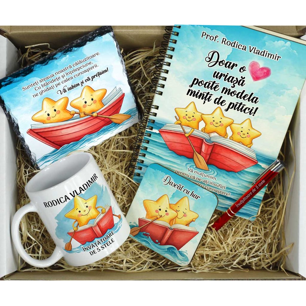 Acest set cadou este personalizat cu stelute vesele special pentru o educatoare sau invatatoare de la clasa stelutelor.