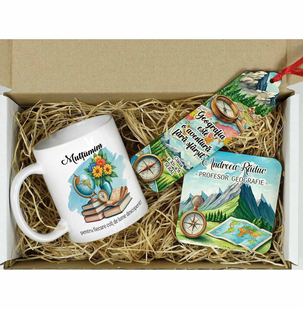 Set cadou personalizat pentru profesorul / profesoara de geografie – cană cu mesaj, suport cu hartă și busolă, semn de carte cu peisaj montan.