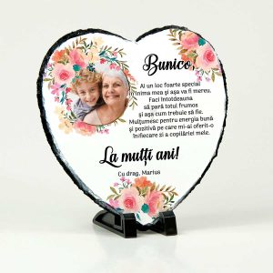 Ardezie în formă de inimă personalizată cu poză şi mesaj pentru bunică