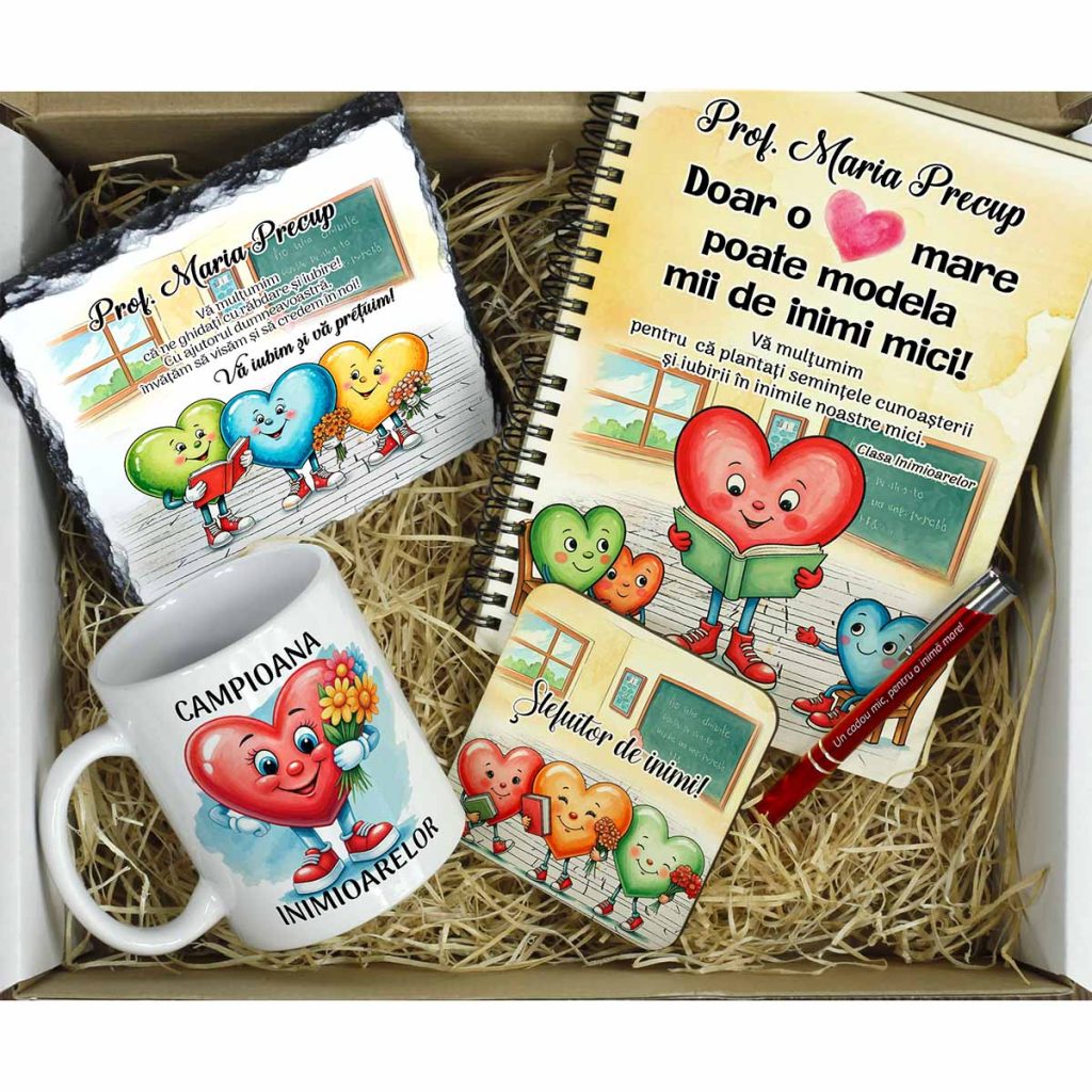 acest set cadou este personalizat special pentru o educatoare invatatoare de la clasa inimioarelor. Setul este personalizat cu cateva inimioare vesele care tin in maini carti sau flori.