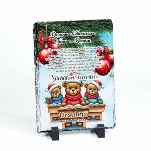 Ardezia cadou de Craciun pentru educatoare este decorata cu 3 ursuleti veseli cu caciuli de Craciun stand fiecare in bancutacu cate o carte in fata. Ardezia este personalizata cu un mesaj emotionant si numele doamnei.