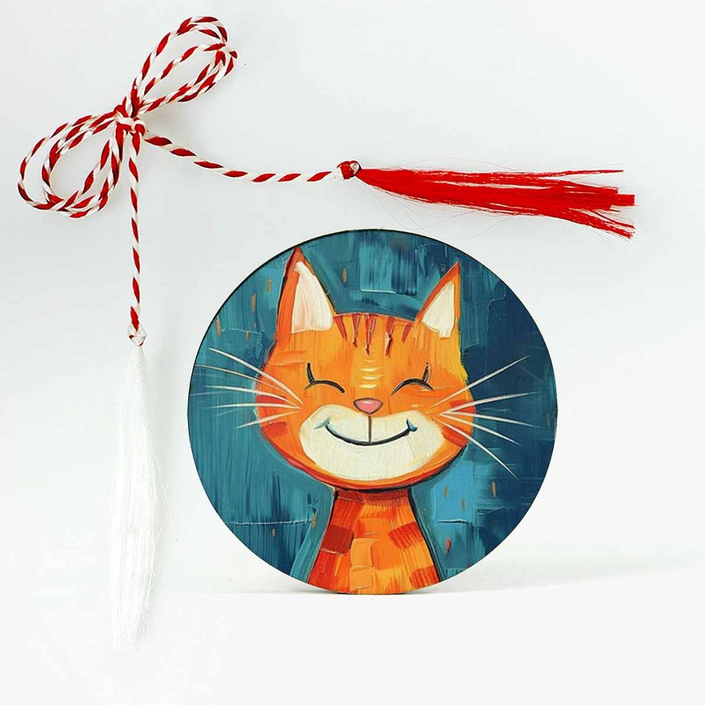 Martisor haios cu o pisica vesela portocalie pe fundal albastru
