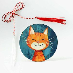 Martisor haios cu o pisica vesela portocalie pe fundal albastru