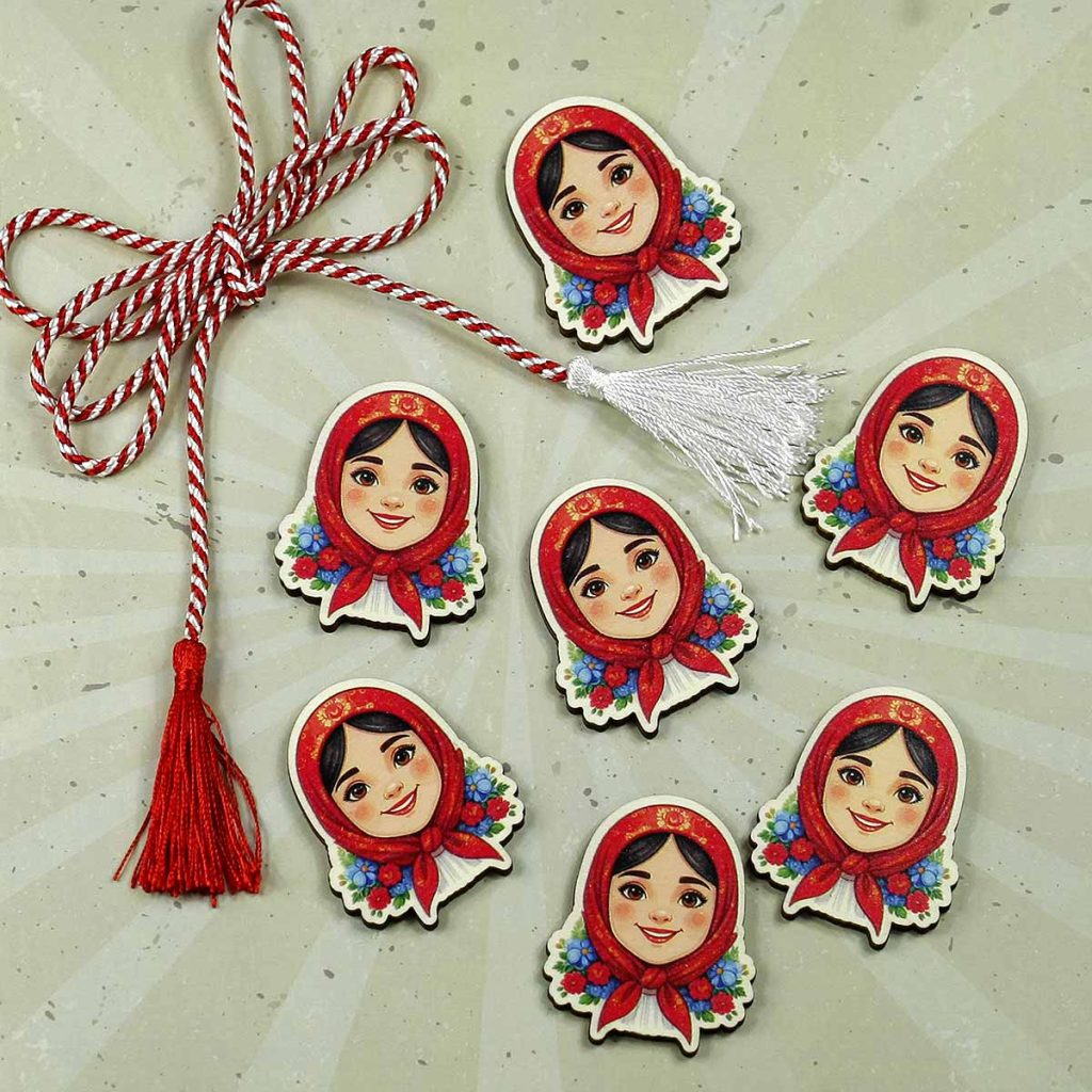 Maartisoare traditionale cu tarancuta bruneta cu batic naframa rosie.
