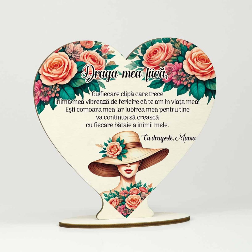 Un cadou din inimă pentru fiica ta – o inimă din lemn personalizată cu flori și un mesaj special, perfect pentru orice ocazie: zi de naștere, aniversare sau 8 Martie.