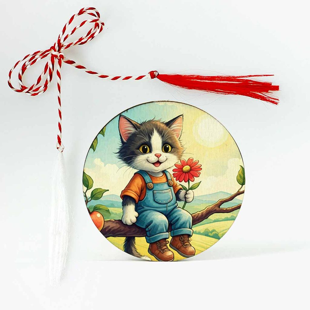 Imagine cu un mărțișor din lemn personalizat, reprezentând un motănel drăgălaș așezat pe o creangă, ținând în lăbuțe o floare roșie. Un design plin de farmec și delicatețe, ideal pentru a aduce zâmbete și bucurie.