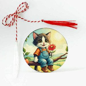 Imagine cu un mărțișor din lemn personalizat, reprezentând un motănel drăgălaș așezat pe o creangă, ținând în lăbuțe o floare roșie. Un design plin de farmec și delicatețe, ideal pentru a aduce zâmbete și bucurie.