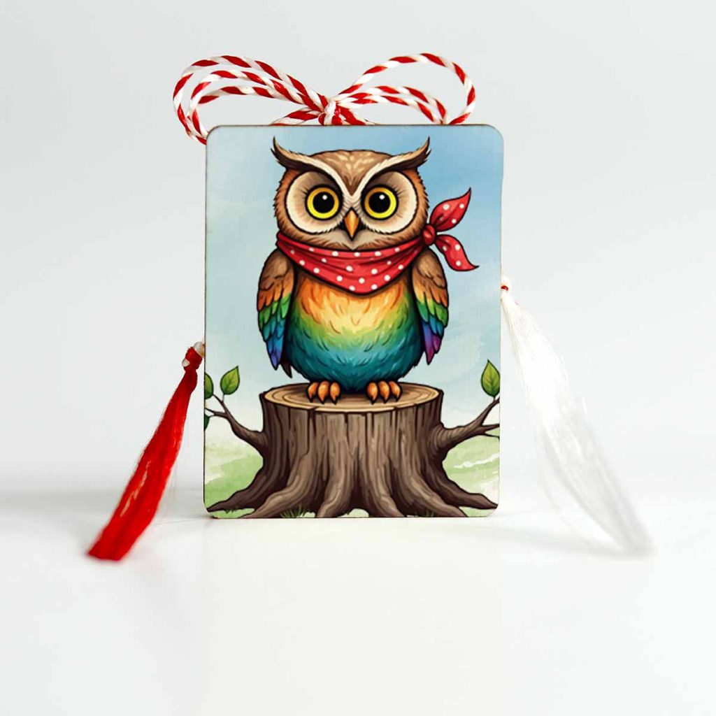 Martisor sub forma de brosa din lemn personalizat cu o bufnita vesel colorata.