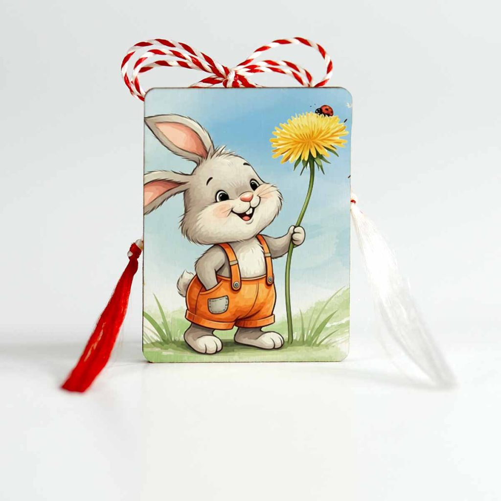 Martisor tip brosa pentru copii personalizat cu un iepuras care tine o floare de papadie galbena, cu o buburuza.