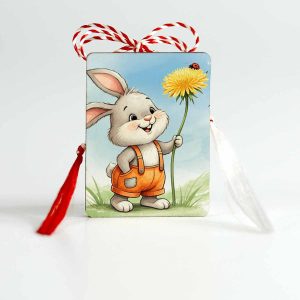Martisor tip brosa pentru copii personalizat cu un iepuras care tine o floare de papadie galbena, cu o buburuza.