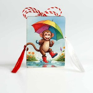 Martisor din lemn tip brosa pentru copii personalizat cu o maimutica vesela care tine o umbrela colorata in culorile curcubeului si sare intr-o balta.