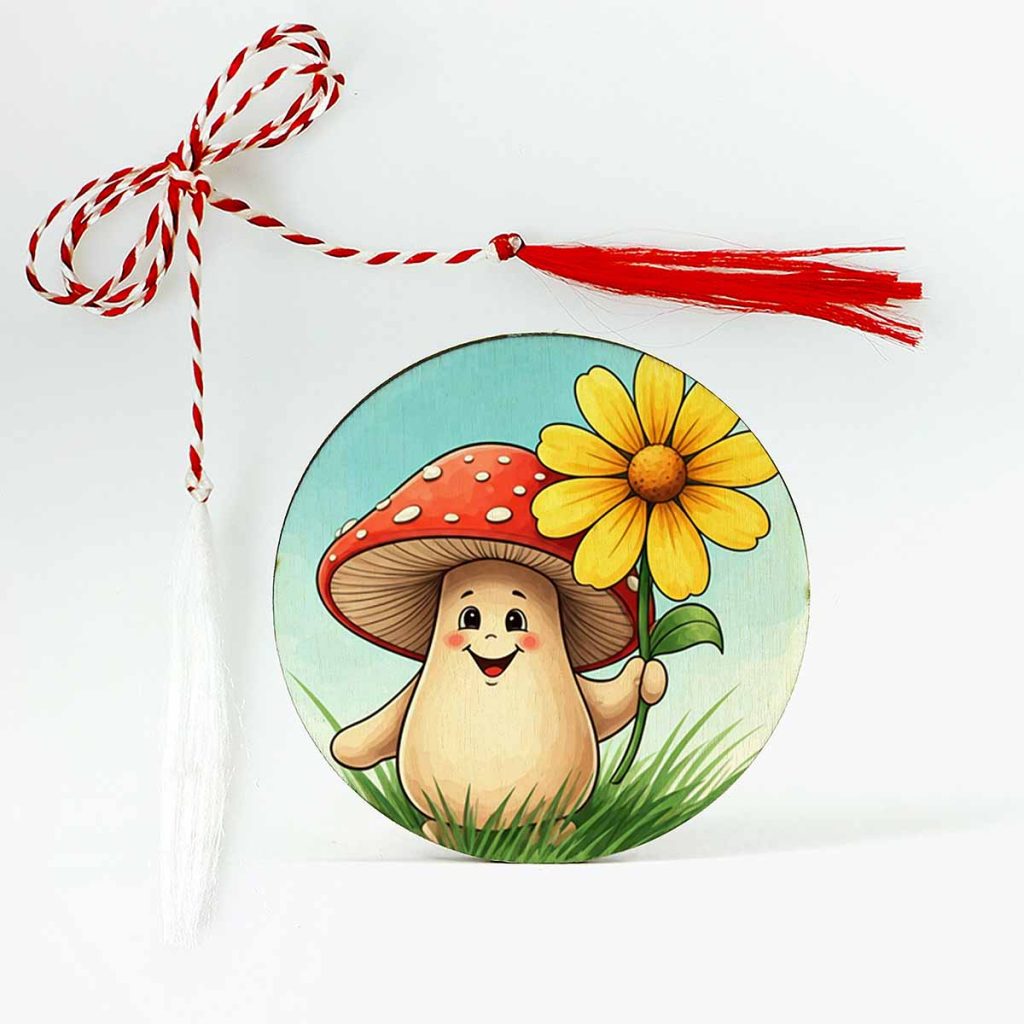 Imagine cu un mărțișor din lemn personalizat, ilustrând o ciupercuță rosie veselă care ține o floare mare galbenă. Un design jucăuș și colorat, perfect pentru a adăuga un strop de veselie primăverii.