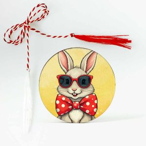 Imagine cu un mărțișor din lemn personalizat, reprezentând un iepuraș haios, purtând ochelari de soare și un papion mare roșu cu buline albe. Un design jucăuș și plin de stil, perfect pentru a adăuga un strop de veselie primăverii.