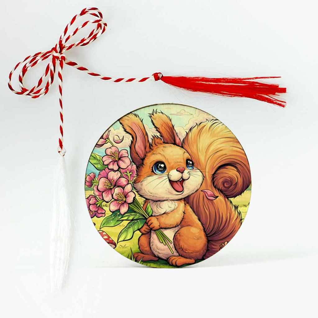 Martisor brosa lemn pentru copii personalizat cu o veverita vesela care tine un buchet frumos de flori.