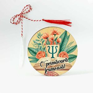 Martisor brosa din lemn pentru profesoara de psihologie. Martisorul brosa din lemn este personalizat cu flori , o carte si semnul phi