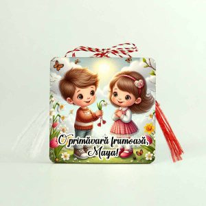 Mărțișor din lemn personalizat cu nume, cu mesajul „O primăvară frumoasă”, reprezentând un băiețel care oferă un ghiocel unei fetițe, perfect pentru cadou de 1 Martie pentru colegă, prietenă.