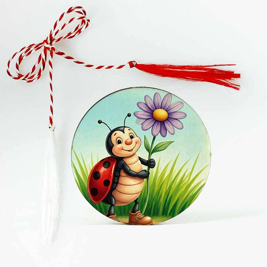 Martisor fetite cu o buburuza vesela si o floare mov
