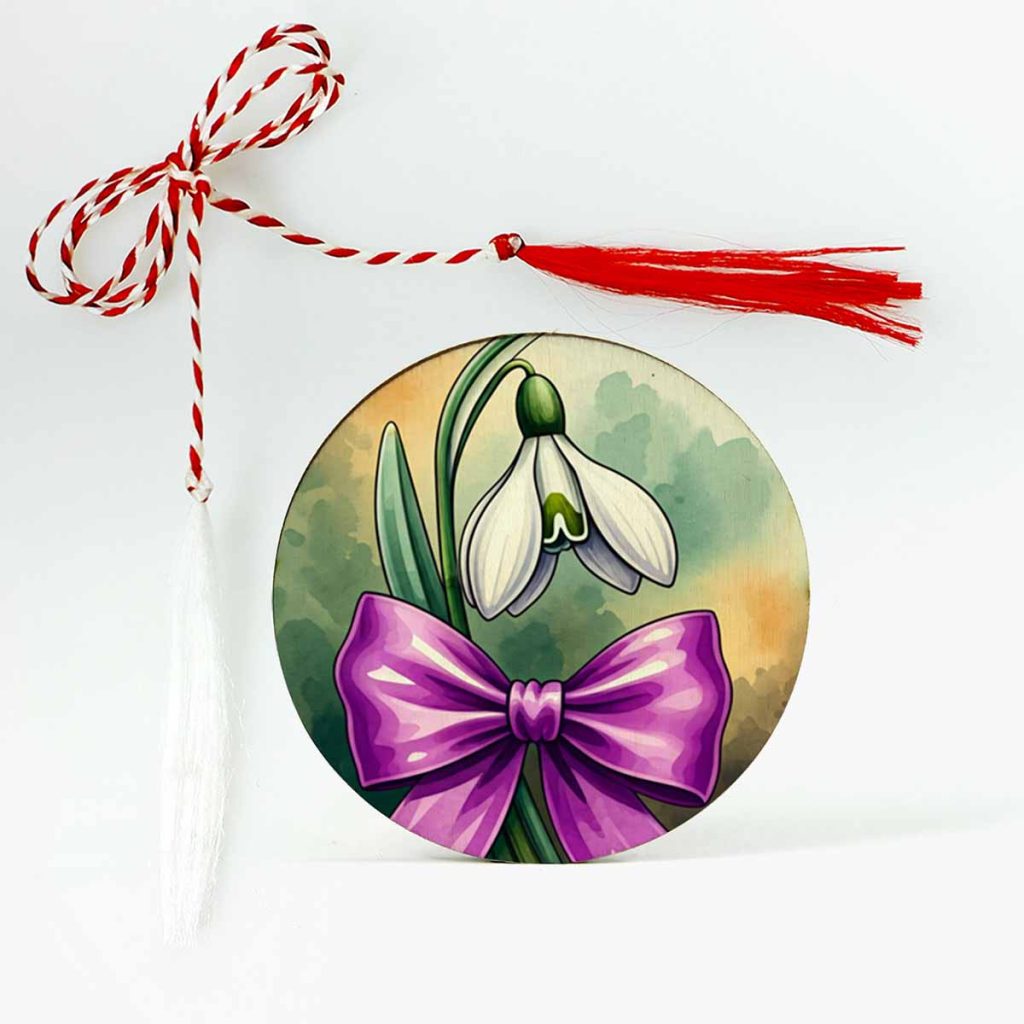 Martisor din lemn cu ghiocel simbol al puritarii si al primaverii, perfect pentru a fi oferit de 1 martie.