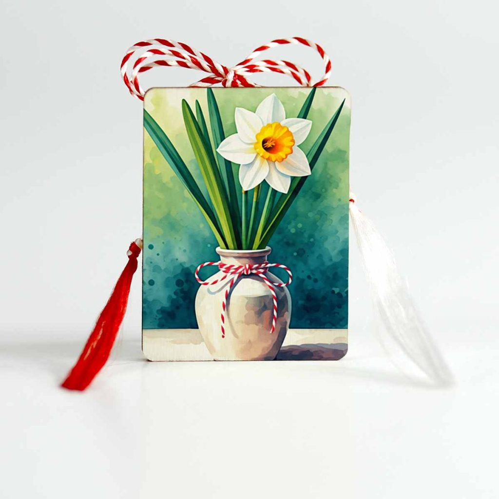 Imagine cu o brosa din lemn ce repreyinta un martisor personalizat cu o narcisa alba. Narcisa este intr-o vaza vintage legata cu un snur de martisor.
