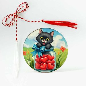 Un mărțișor special cu o pisicuță neagră adorabilă într-un borcan cu inimioare – simbol al norocului, bucuriei și iubirii pentru primăvara ta.