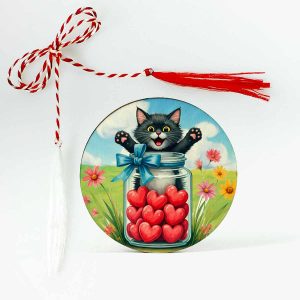 Un mărțișor special cu o pisicuță neagră adorabilă într-un borcan cu inimioare – simbol al norocului, bucuriei și iubirii pentru primăvara ta.