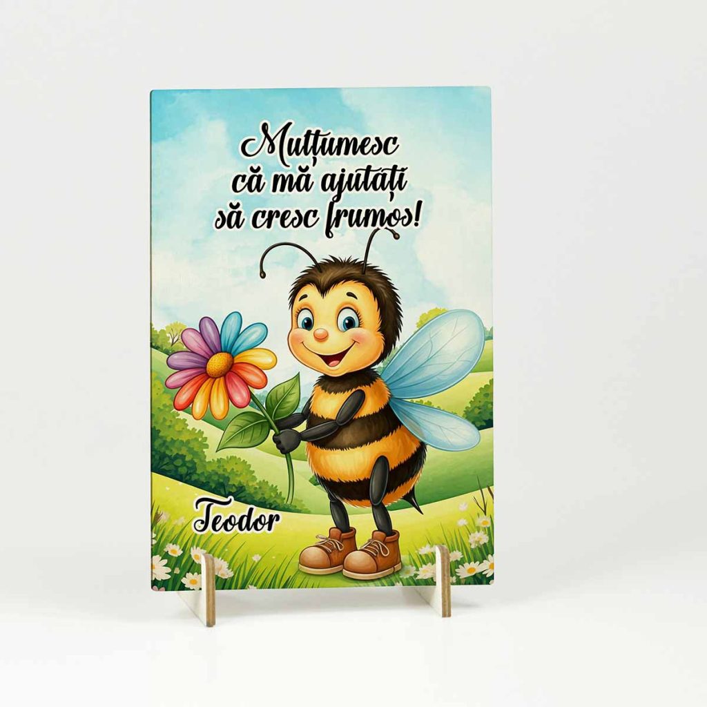 Martisor din lemn sub forma unei felicitari din lemn decorata cu o albinuta vesela care tine o floare colorata. Cadou ideal pentru 1 martie, 8 martie, sfarsti de an scolar
