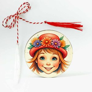 Martisor din lemn personalizat cu o fetita vesela care are pe cap o palarie accesorizata cu flori colorate.