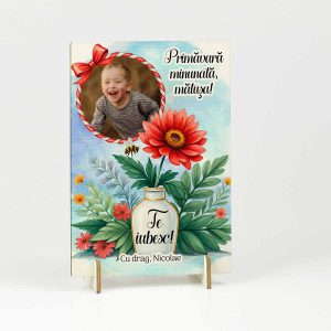 Felicitare din lemn personalizată pentru 8 Martie, cu poză și mesaj gravat – un cadou special pentru mama, mătușa, nașa sau bunica.