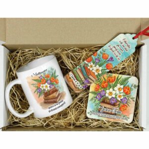 Set cadou personalizat pentru profesoară – cană cu mesaj, suport de cană și semn de carte cu design floral, ideal pentru 8 Martie, sfârșit de an școlar sau absolvire.