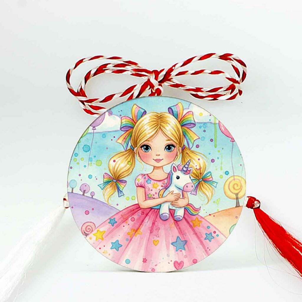 mărțișor din lemn cu Barbie tip broșă cu șnur de mărțișor ambalat
