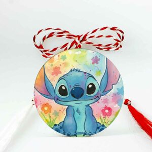 Mărțișor din lemn cu Stitch pentru copii, broșă ambalată cu șnur de mărțișor