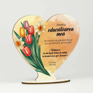 rofeu din lemn în formă de inimă, personalizat cu poză și mesaj – un cadou emoționant pentru educatoare, învățătoare, profesoară sau dirigintă.